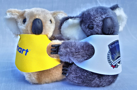 Large (8.2 cm) clip-on koala toys in custom printed / branded jackets.